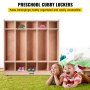 VEVOR preschool cubby lockers with hats and shoes, kids lying on green carpet.