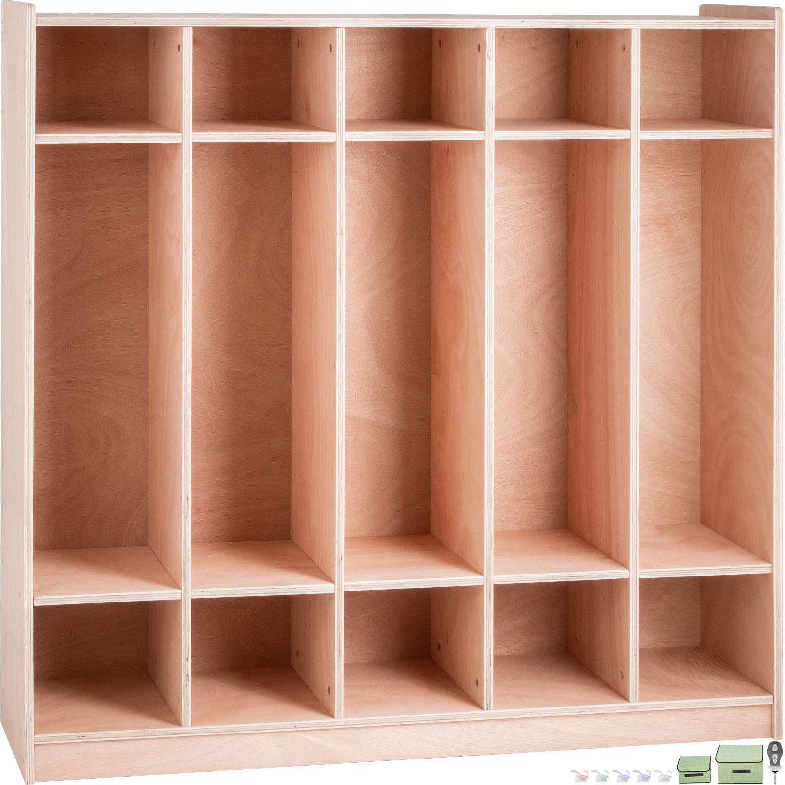 VEVOR Coat Locker, 5-Section Daycare Cubby Coat Rack, Classroom Coat Locker and Backpack Hanger, with 5 Hooks and Storage Boxes, for Kindergarten & School, Natural