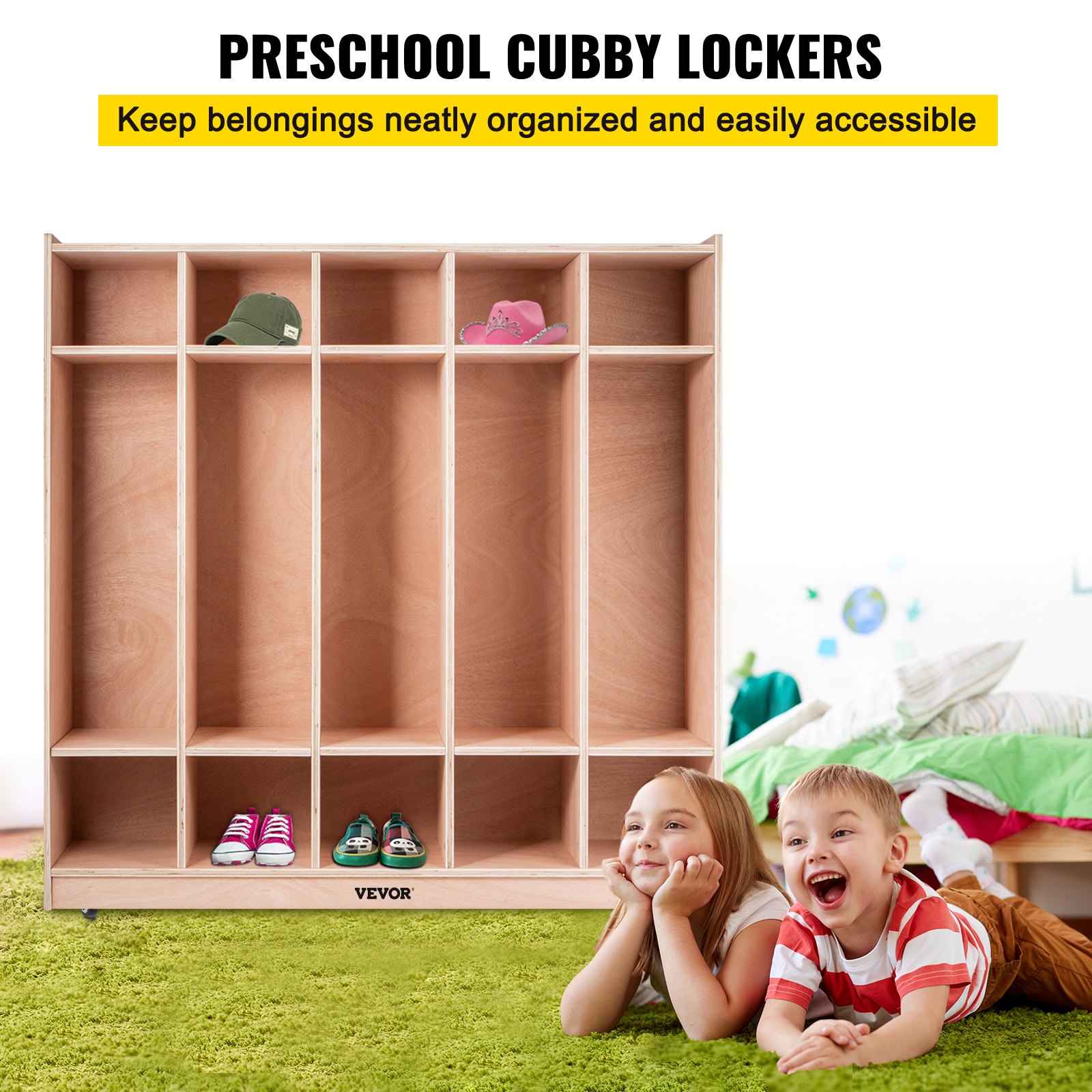 VEVOR Coat Locker, 5-Section Daycare Cubby Coat Rack, Classroom Coat Locker and Backpack Hanger, with 5 Hooks and Storage Boxes, for Kindergarten & School, Natural