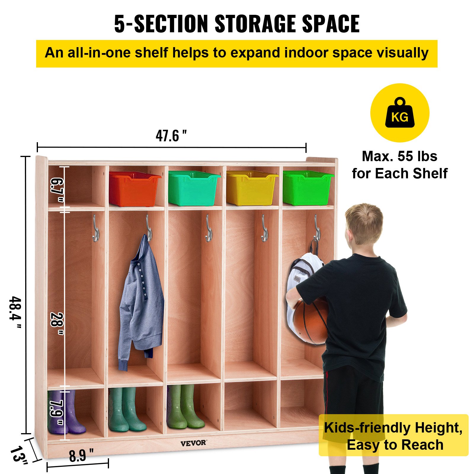 VEVOR Coat Locker, 5-Section Daycare Cubby Coat Rack, Classroom Coat Locker and Backpack Hanger, with 5 Hooks and Storage Boxes, for Kindergarten & School, Natural