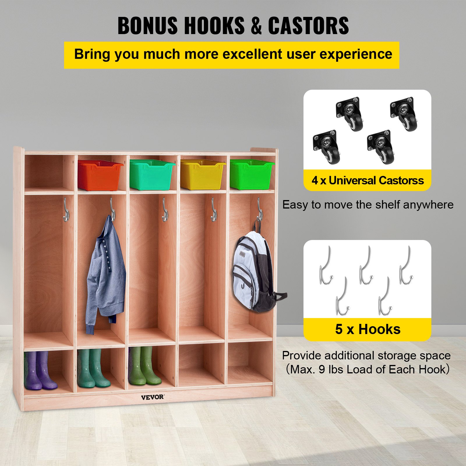 VEVOR Coat Locker, 5-Section Daycare Cubby Coat Rack, Classroom Coat Locker and Backpack Hanger, with 5 Hooks and Storage Boxes, for Kindergarten & School, Natural
