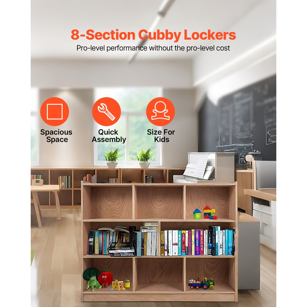 VEVOR Cubby Mobile Tray Storage Cabinet, 8-Compartment Cubby Storage Shelf, Cubby Storage Cabinet 3-shelf, Classroom Cubbies, Classroom Furniture for Home, Daycare and Preschool, Natural
