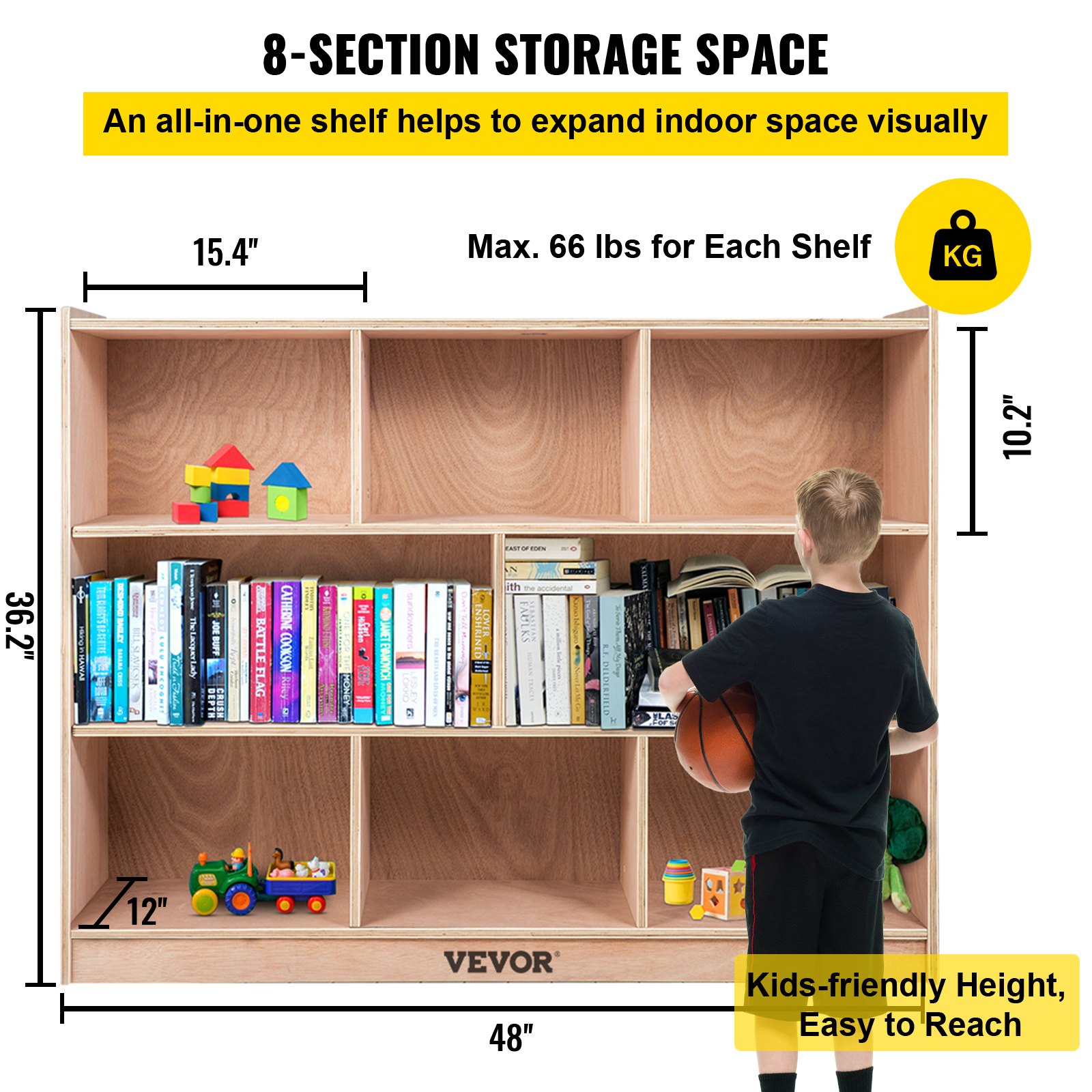 VEVOR Cubby Mobile Tray Storage Cabinet, 8-Compartment Cubby Storage Shelf, Cubby Storage Cabinet 3-shelf, Classroom Cubbies, Classroom Furniture for Home, Daycare and Preschool, Natural
