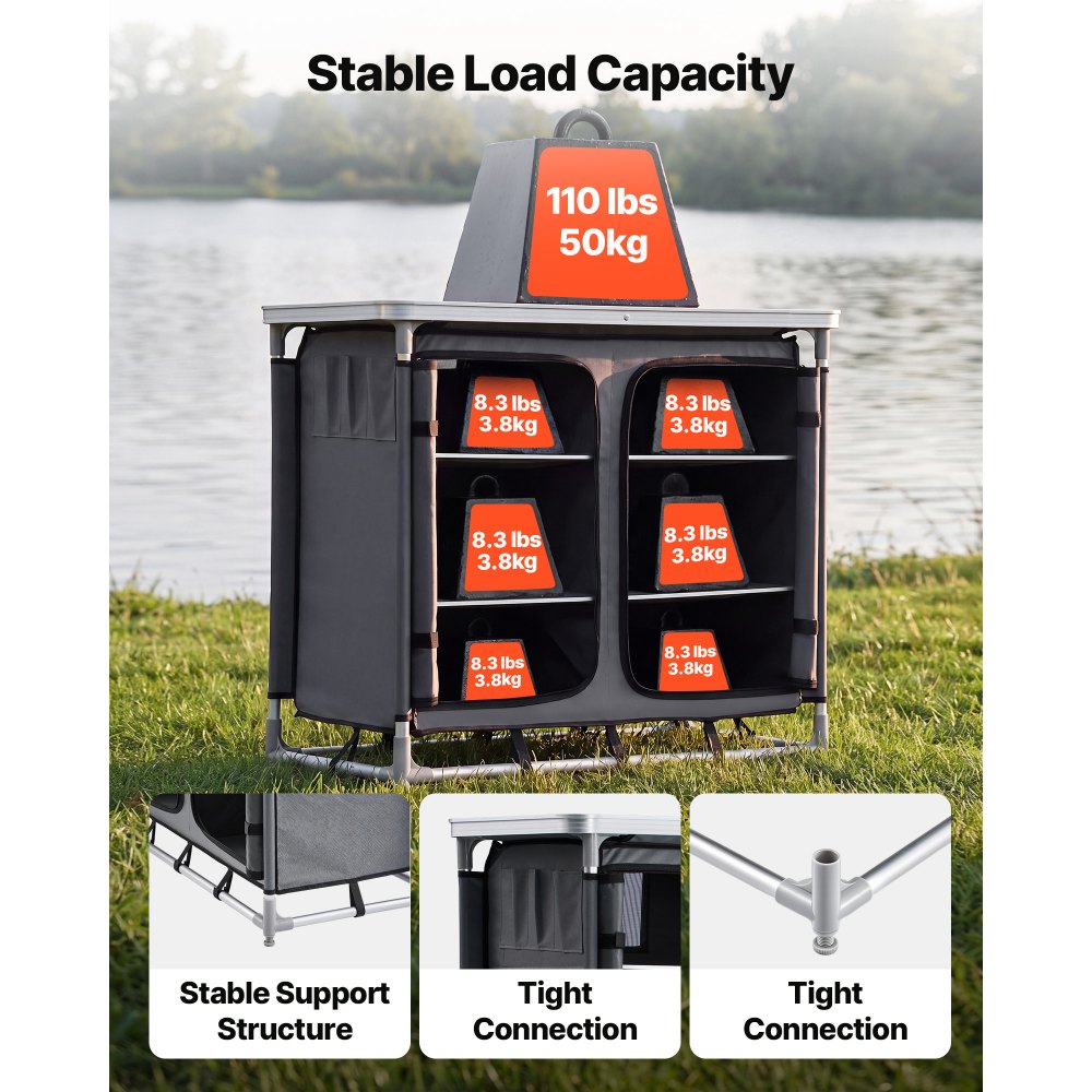 VEVOR Camping Storage Cabinet, Outdoor Portable Aluminum Lightweight Table, Quick Set-up Compact Kitchen Cook Station, with 6 Shelves and Carry Bag, for Picnic, BBQ, Party, Camping, RV Traveling