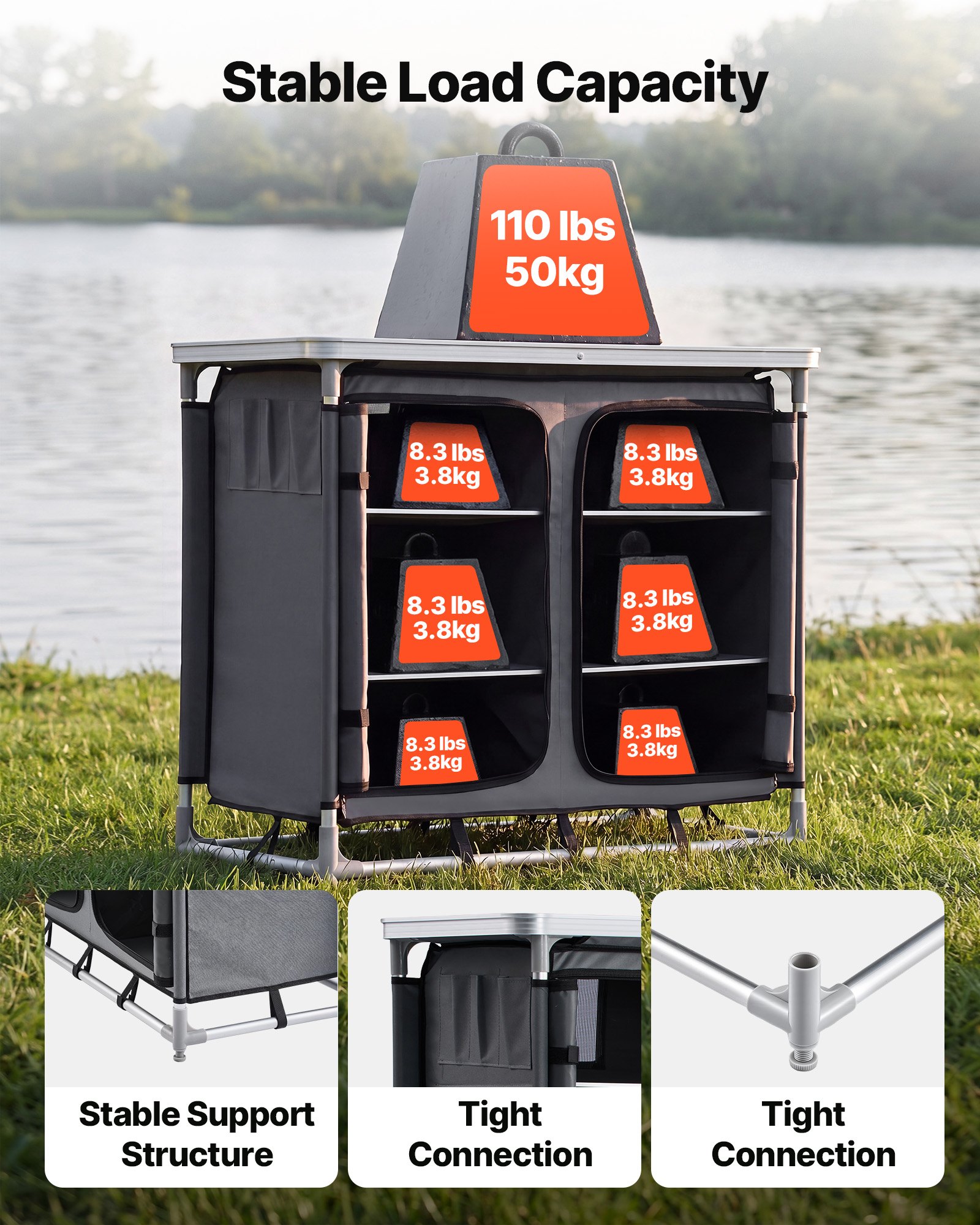 VEVOR Camping Storage Cabinet, Outdoor Portable Aluminum Lightweight Table, Quick Set-up Compact Kitchen Cook Station, with 6 Shelves and Carry Bag, for Picnic, BBQ, Party, Camping, RV Traveling