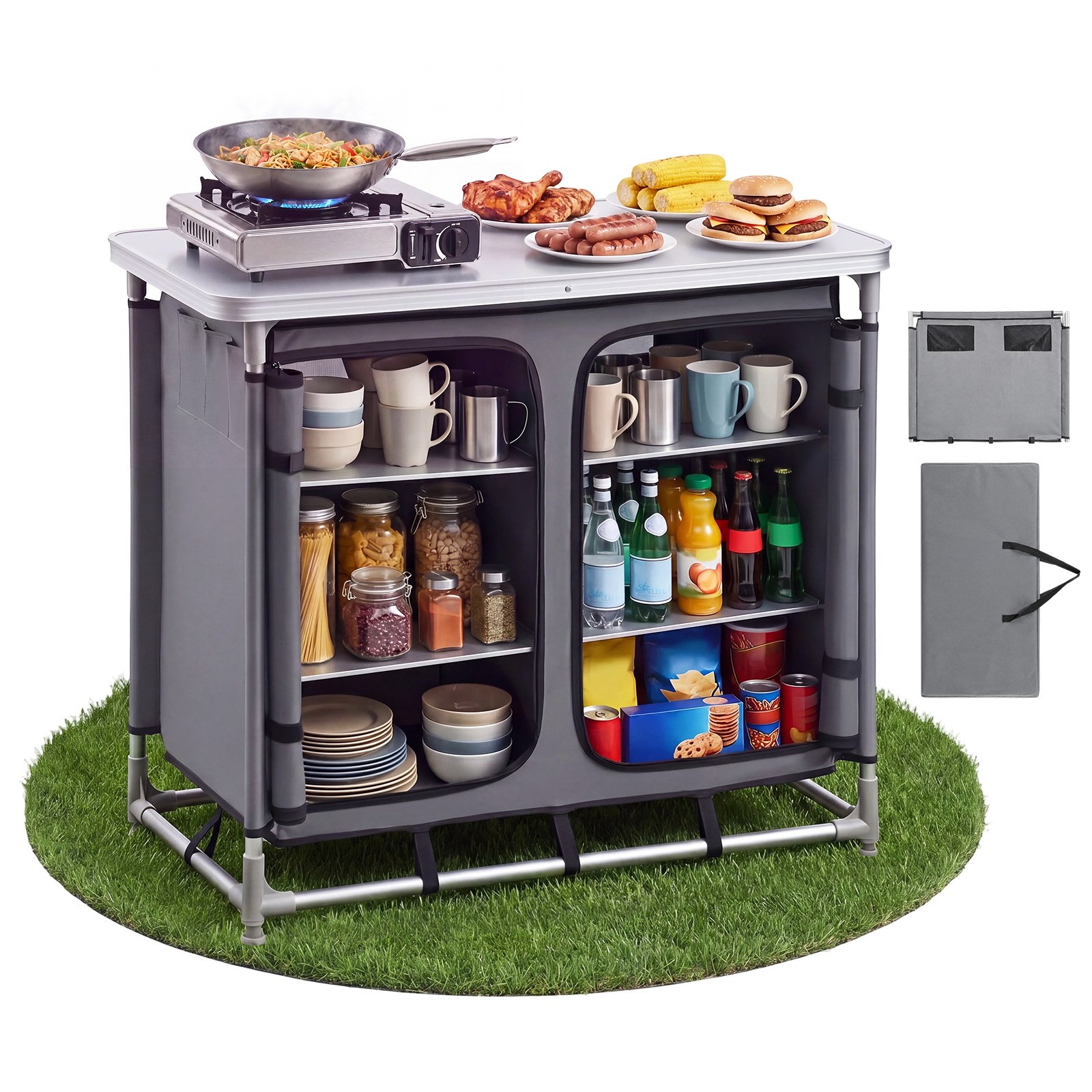 VEVOR Camping Storage Cabinet, Outdoor Portable Aluminum Lightweight Table, Quick Set-up Compact Kitchen Cook Station, with 6 Shelves and Carry Bag, for Picnic, BBQ, Party, Camping, RV Traveling