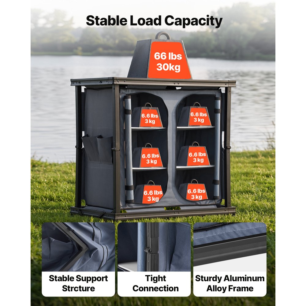 VEVOR Folding Camping Storage Cabinet, Outdoor Portable Aluminum Lightweight Table, Quick Set-up Compact Kitchen Cook Station, with 6 Shelves and Carry Bag, for Picnic, BBQ, Camping, RV Traveling