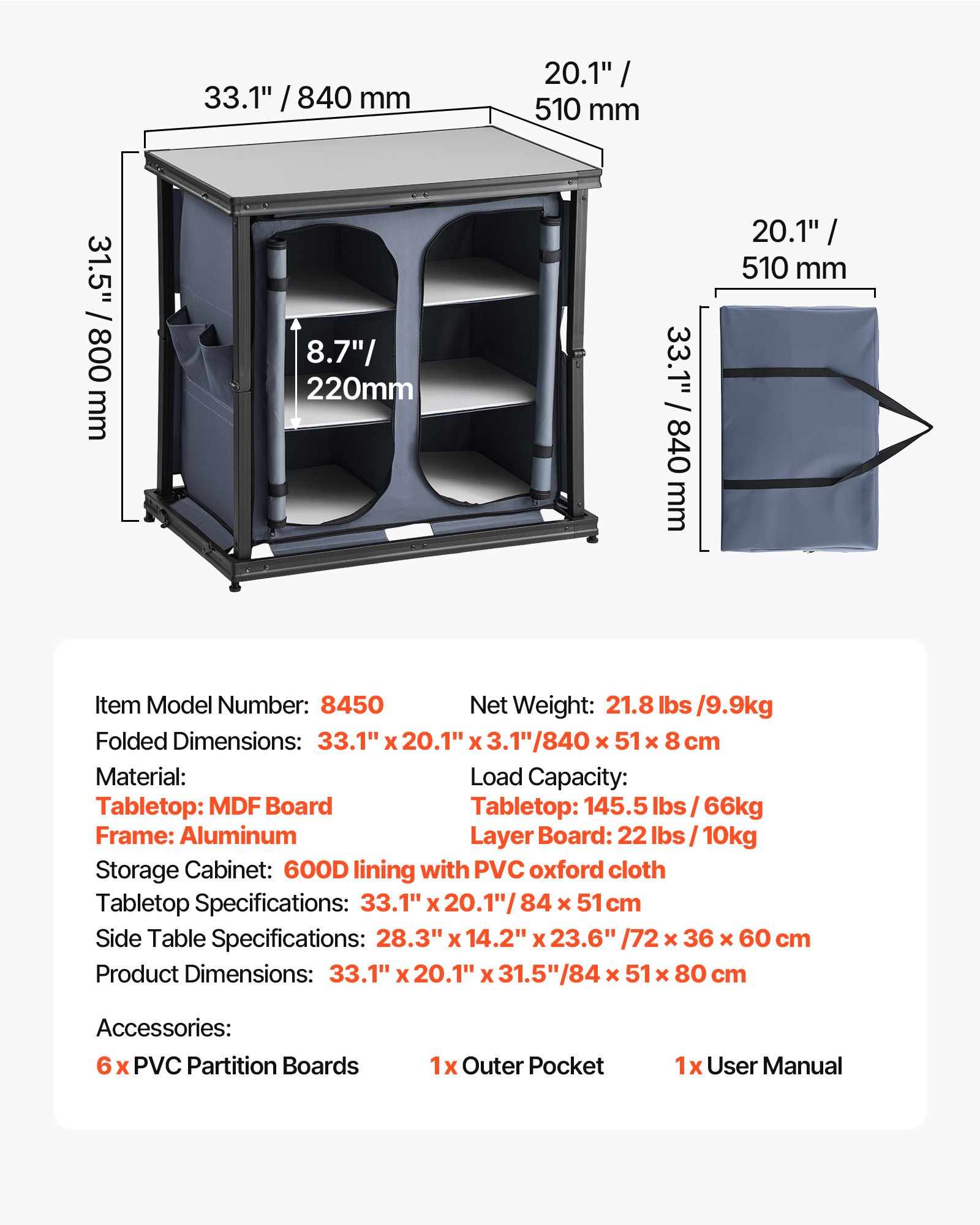 VEVOR Folding Camping Storage Cabinet, Outdoor Portable Aluminum Lightweight Table, Quick Set-up Compact Kitchen Cook Station, with 6 Shelves and Carry Bag, for Picnic, BBQ, Camping, RV Traveling