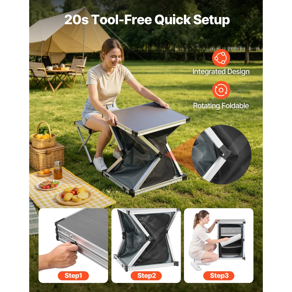 VEVOR Folding Camping Storage Cabinet, Outdoor Portable Aluminum Lightweight Table, Quick Set-up Compact Kitchen Cook Station, with 3 Shelves and Carry Bag, for Picnic, BBQ, Camping, RV Traveling