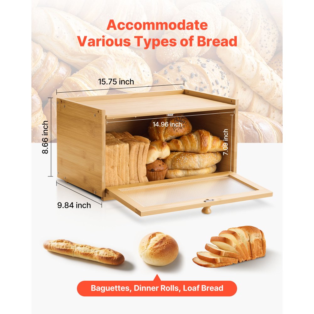 VEVOR Bread Box for Kitchen Counter, Large Capacity Bamboo Bread Storage Container, Farmhouse Wooden Breadbox Organizer for Homemade Bread, Storage Holder Bin with Acrylic Wavy Door Panel, Natural