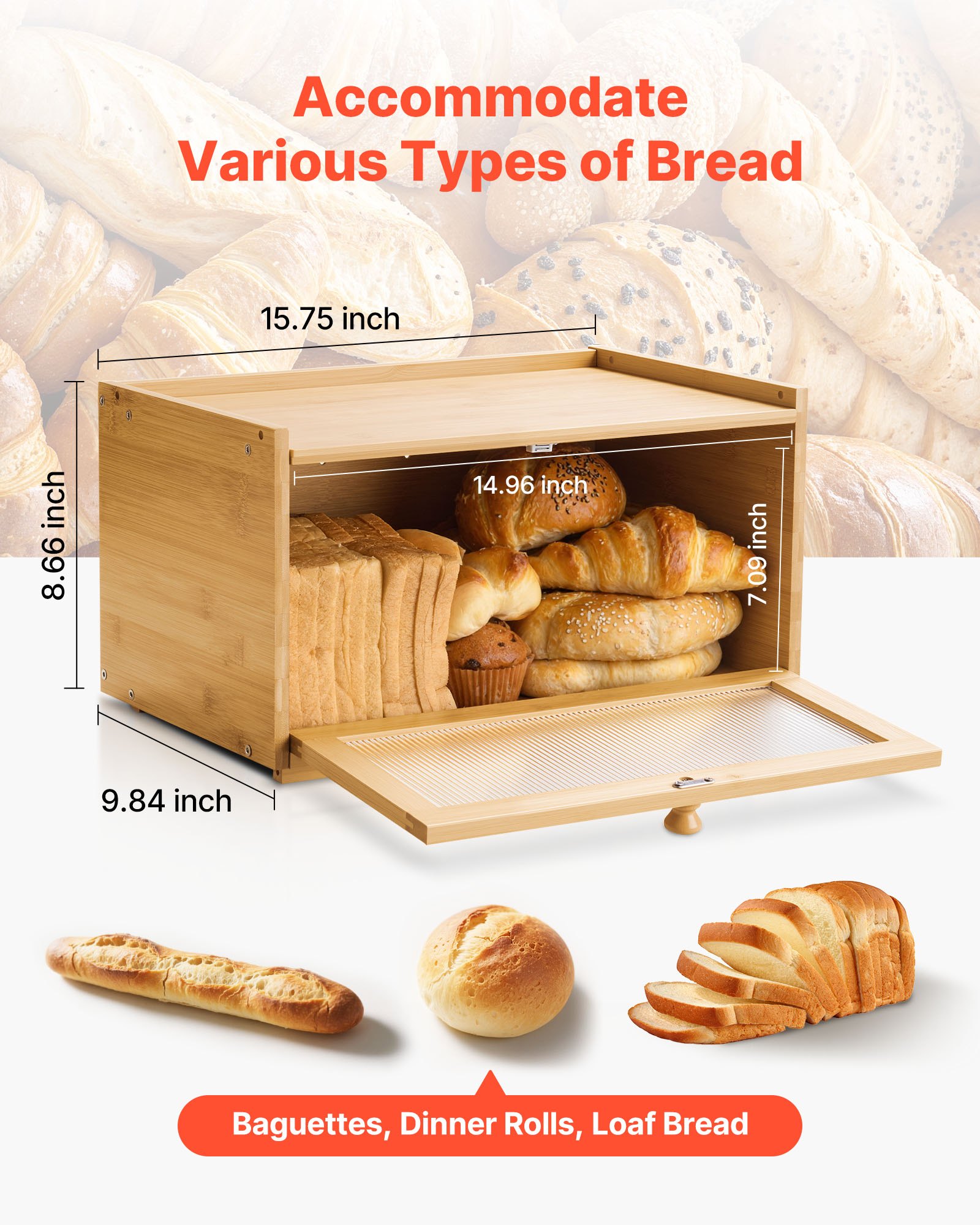 VEVOR Bread Box for Kitchen Counter, Large Capacity Bamboo Bread Storage Container, Farmhouse Wooden Breadbox Organizer for Homemade Bread, Storage Holder Bin with Acrylic Wavy Door Panel, Natural