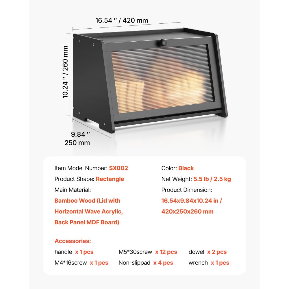 VEVOR Bread Box for Kitchen Counter, Large Capacity Bamboo Bread Storage Container, Farmhouse Wooden Breadbox Organizer for Homemade Bread, Storage Holder Bin with Acrylic Wavy Door Panel, Black