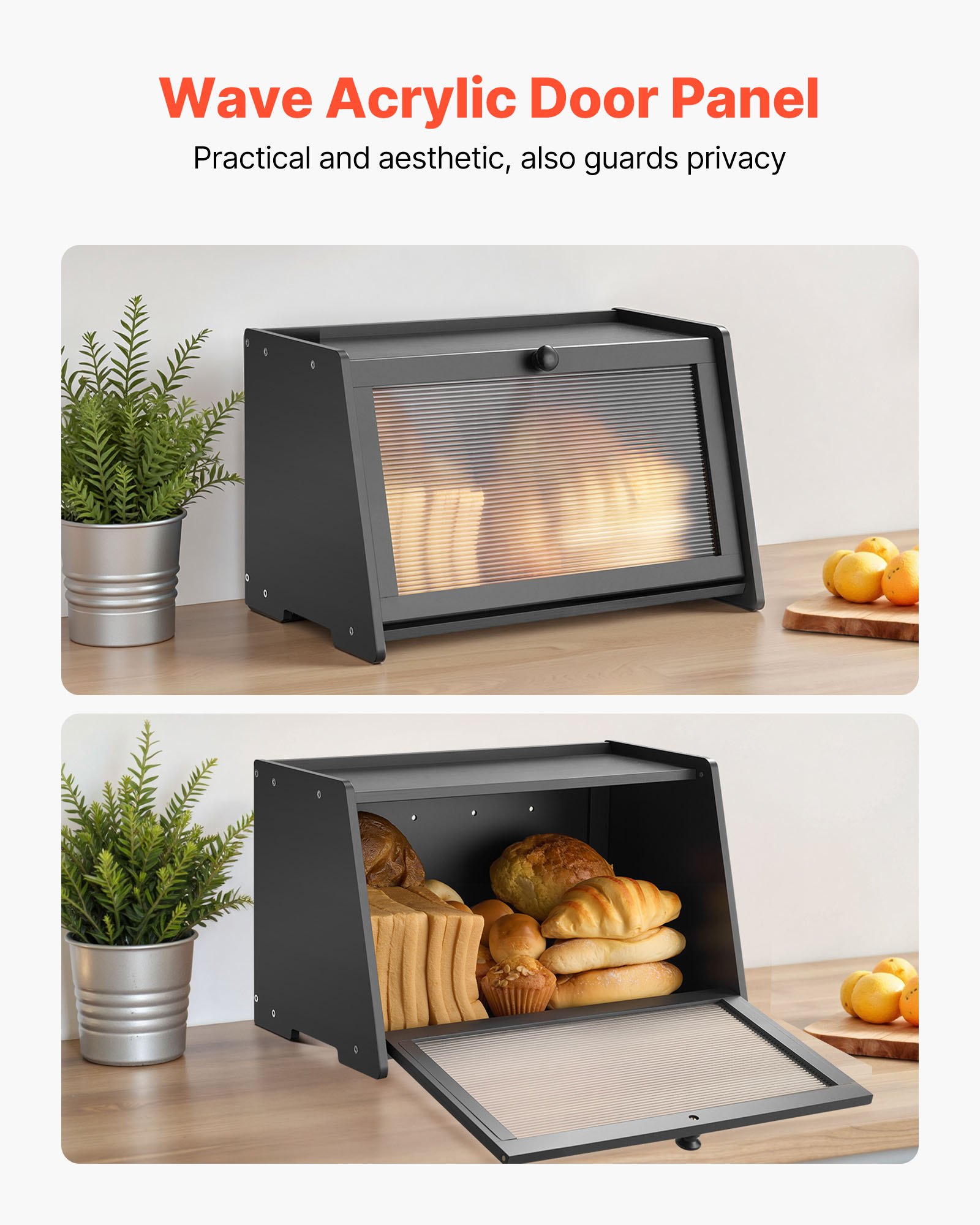 VEVOR Bread Box for Kitchen Counter, Large Capacity Bamboo Bread Storage Container, Farmhouse Wooden Breadbox Organizer for Homemade Bread, Storage Holder Bin with Acrylic Wavy Door Panel, Black