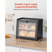 Double Layer Bread Box for Kitchen Counter Bamboo Storage Bread Container Black