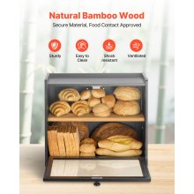 Double Layer Bread Box for Kitchen Counter Bamboo Storage Bread Container Black