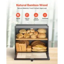 VEVOR Double Layer Bread Box for Kitchen Counter Bamboo Storage Bread Container