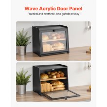 Double Layer Bread Box for Kitchen Counter Bamboo Storage Bread Container Black