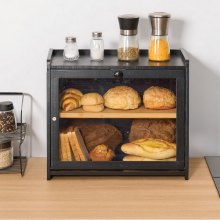 Double Layer Bread Box for Kitchen Counter Bamboo Storage Bread Container Black