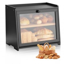Double Layer Bread Box for Kitchen Counter Bamboo Storage Bread Container Black