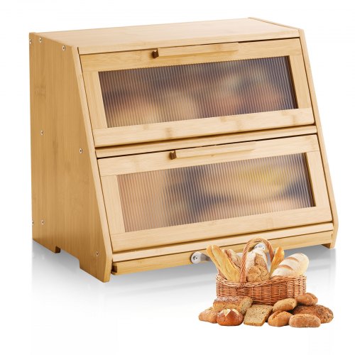 Double Layer Bread Box for Kitchen Counter Bamboo Storage Container Natural