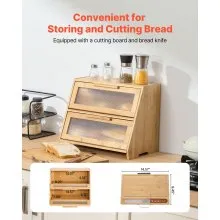VEVOR Double Layer Bread Box for Kitchen Counter Bamboo Storage Bread Container