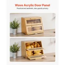 VEVOR Double Layer Bread Box for Kitchen Counter Bamboo Storage Bread Container