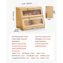 VEVOR Double Layer Bread Box for Kitchen Counter Bamboo Storage Bread Container