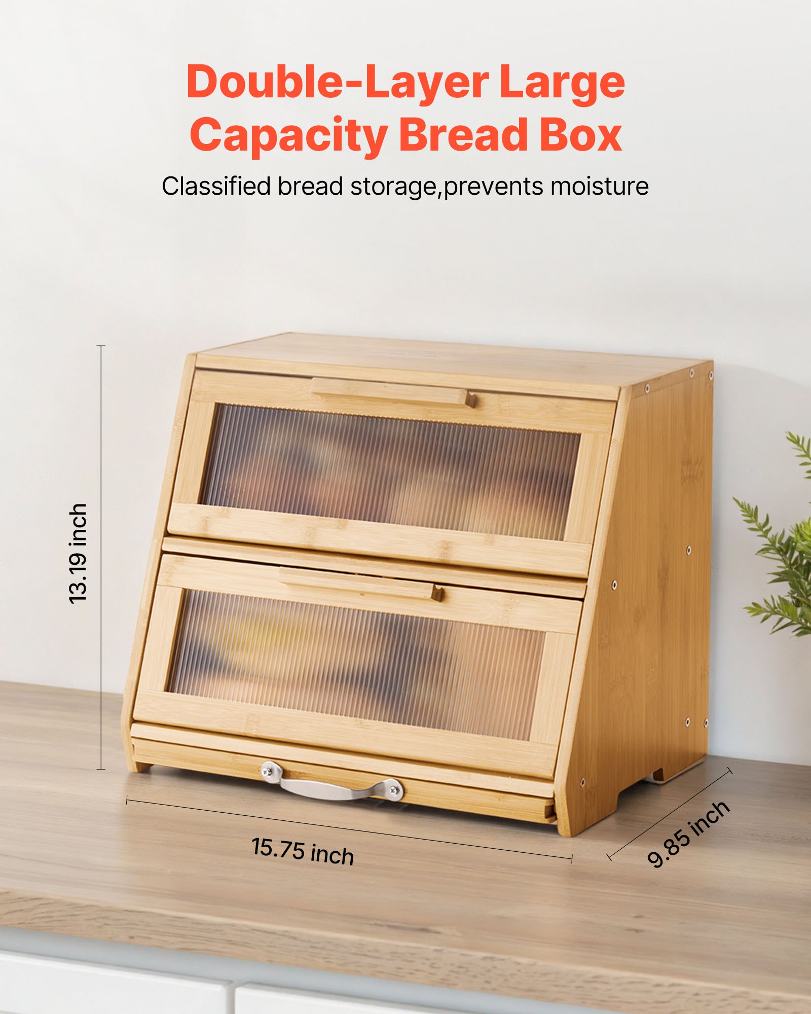 VEVOR Double Layer Bread Box for Kitchen Counter, Large Capacity Bamboo Bread Storage Container, Farmhouse Wooden Breadbox for Homemade Bread, Storage Holder Bin with Acrylic Wavy Door Panel, Natural