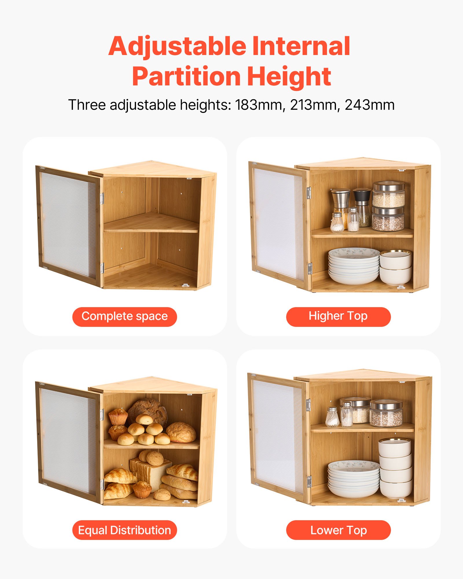 VEVOR Corner Bread Box for Kitchen Counter, Double Layer Large Capacity Bamboo Bread Storage Container, Farmhouse Wooden Breadbox for Homemade Bread, Storage Holder Bin with Acrylic Wavy Door, Natural