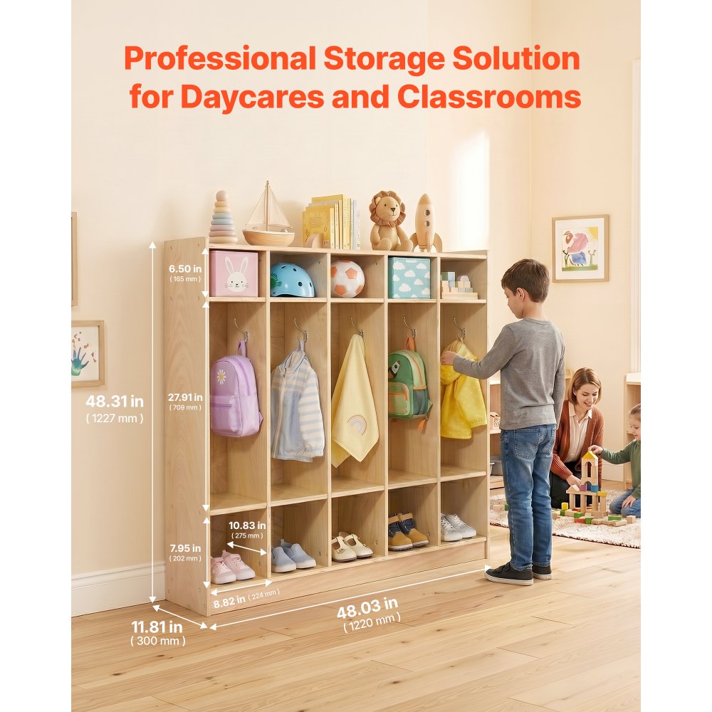VEVOR Coat Locker, 5-Section Daycare Cubby Coat Rack 48x12x48 inch, Classroom Coat Locker and Backpack Hanger, with 5 Hooks and Storage Boxes, for Kindergarten & School, Natural