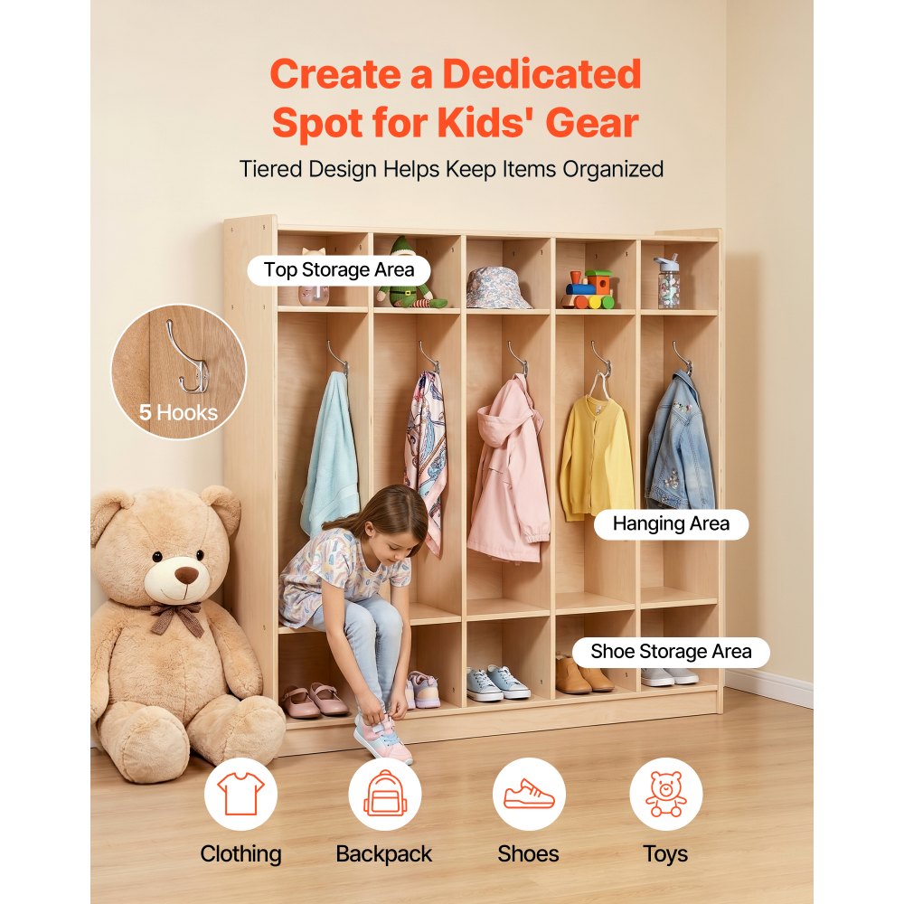 VEVOR Coat Locker, 5-Section Daycare Cubby Coat Rack 48x12x48 inch, Classroom Coat Locker and Backpack Hanger, with 5 Hooks and Storage Boxes, for Kindergarten & School, Natural