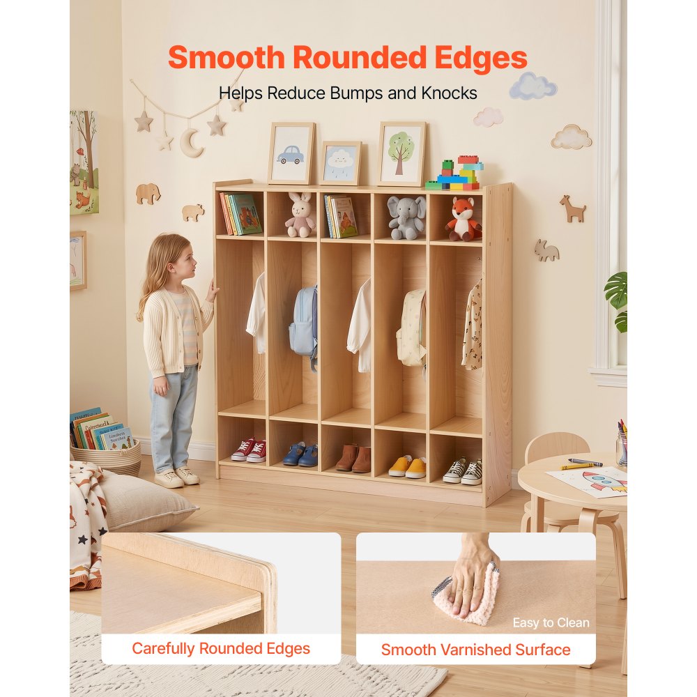 VEVOR Coat Locker, 5-Section Daycare Cubby Coat Rack 48x12x48 inch, Classroom Coat Locker and Backpack Hanger, with 5 Hooks and Storage Boxes, for Kindergarten & School, Natural