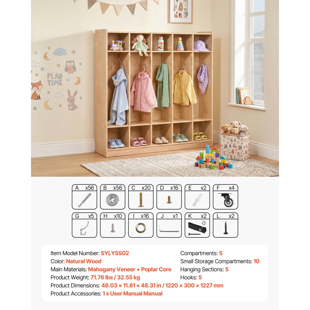 VEVOR Coat Locker, 5-Section Daycare Cubby Coat Rack 48x12x48 inch, Classroom Coat Locker and Backpack Hanger, with 5 Hooks and Storage Boxes, for Kindergarten & School, Natural