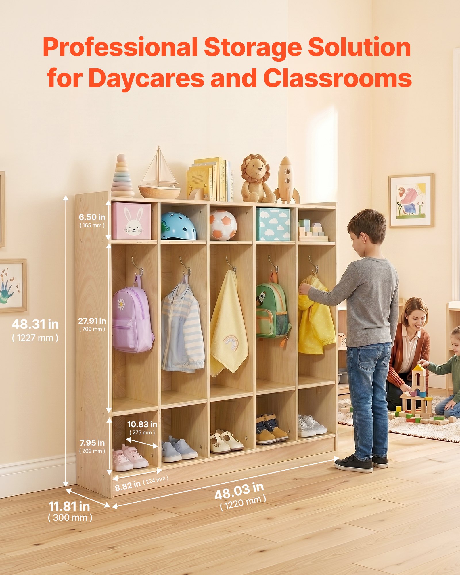 VEVOR Coat Locker, 5-Section Daycare Cubby Coat Rack 48x12x48 inch, Classroom Coat Locker and Backpack Hanger, with 5 Hooks and Storage Boxes, for Kindergarten & School, Natural