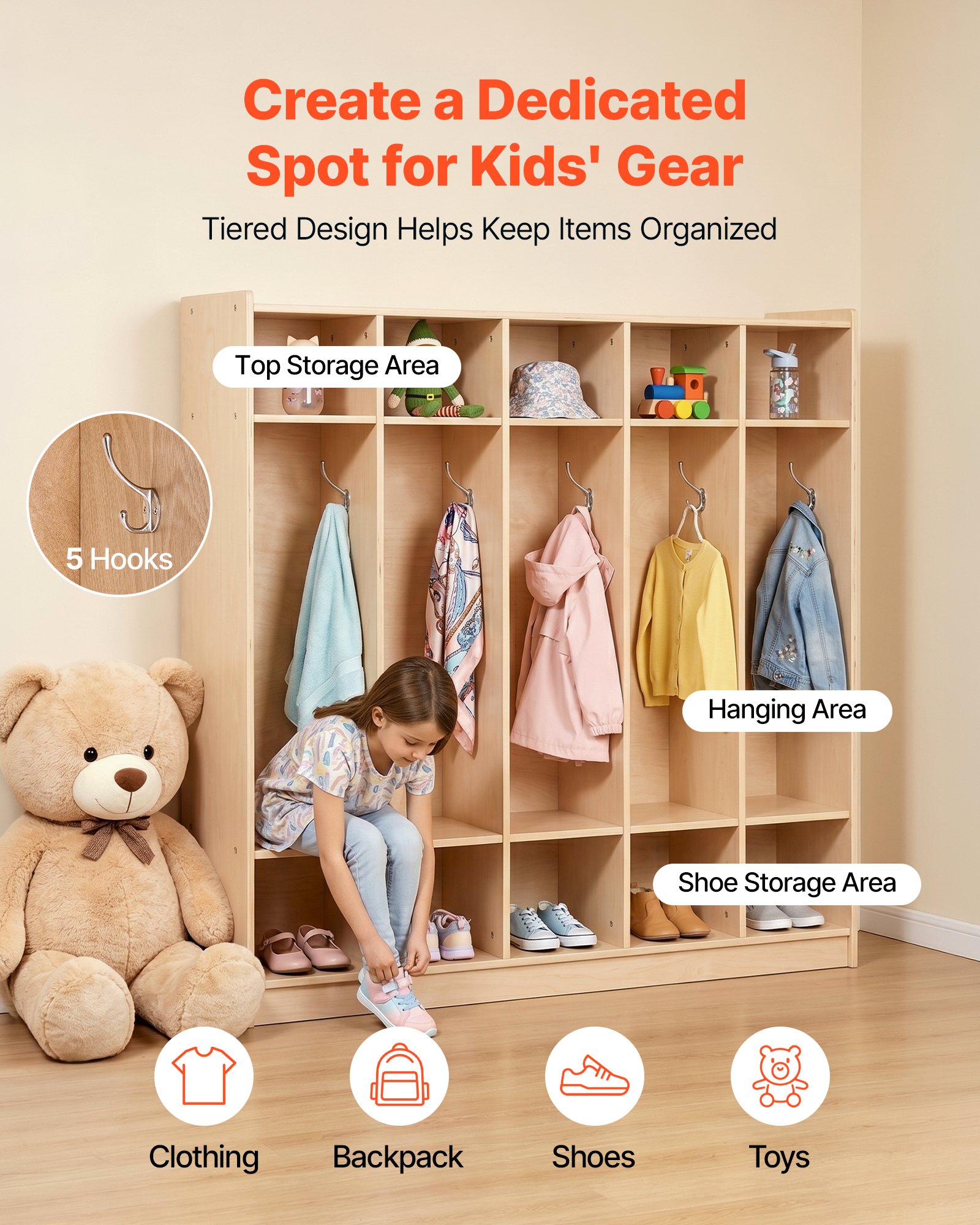 VEVOR Coat Locker, 5-Section Daycare Cubby Coat Rack 48x12x48 inch, Classroom Coat Locker and Backpack Hanger, with 5 Hooks and Storage Boxes, for Kindergarten & School, Natural