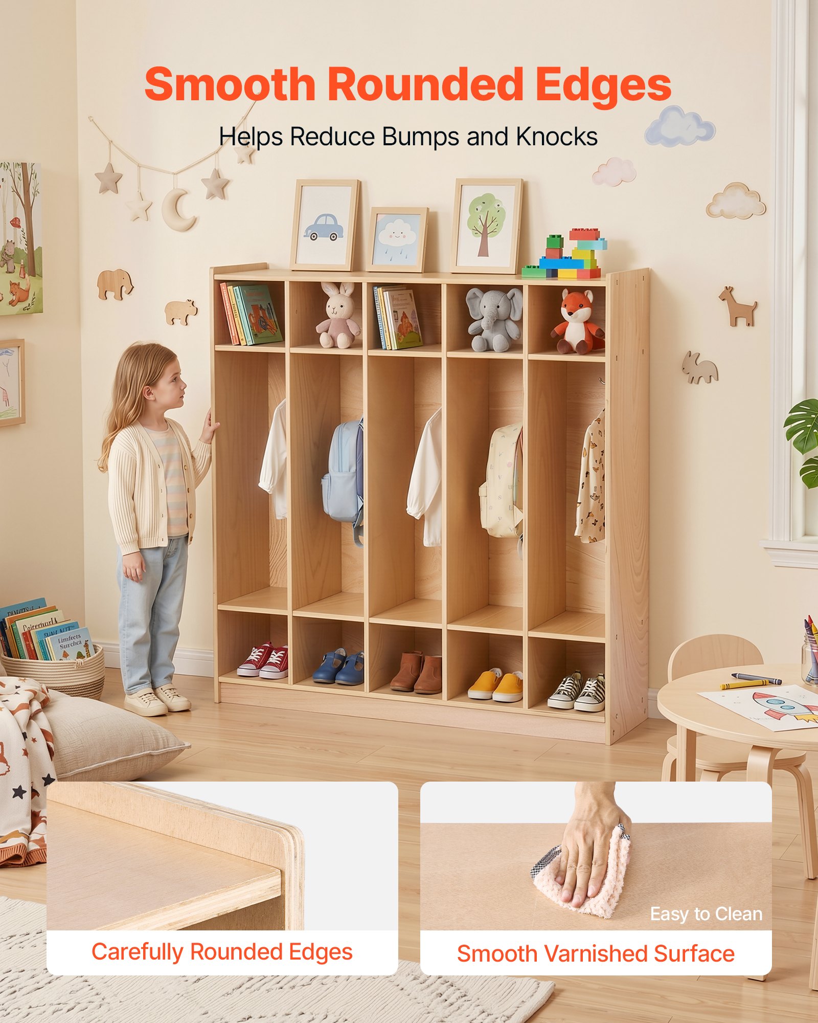 VEVOR Coat Locker, 5-Section Daycare Cubby Coat Rack 48x12x48 inch, Classroom Coat Locker and Backpack Hanger, with 5 Hooks and Storage Boxes, for Kindergarten & School, Natural