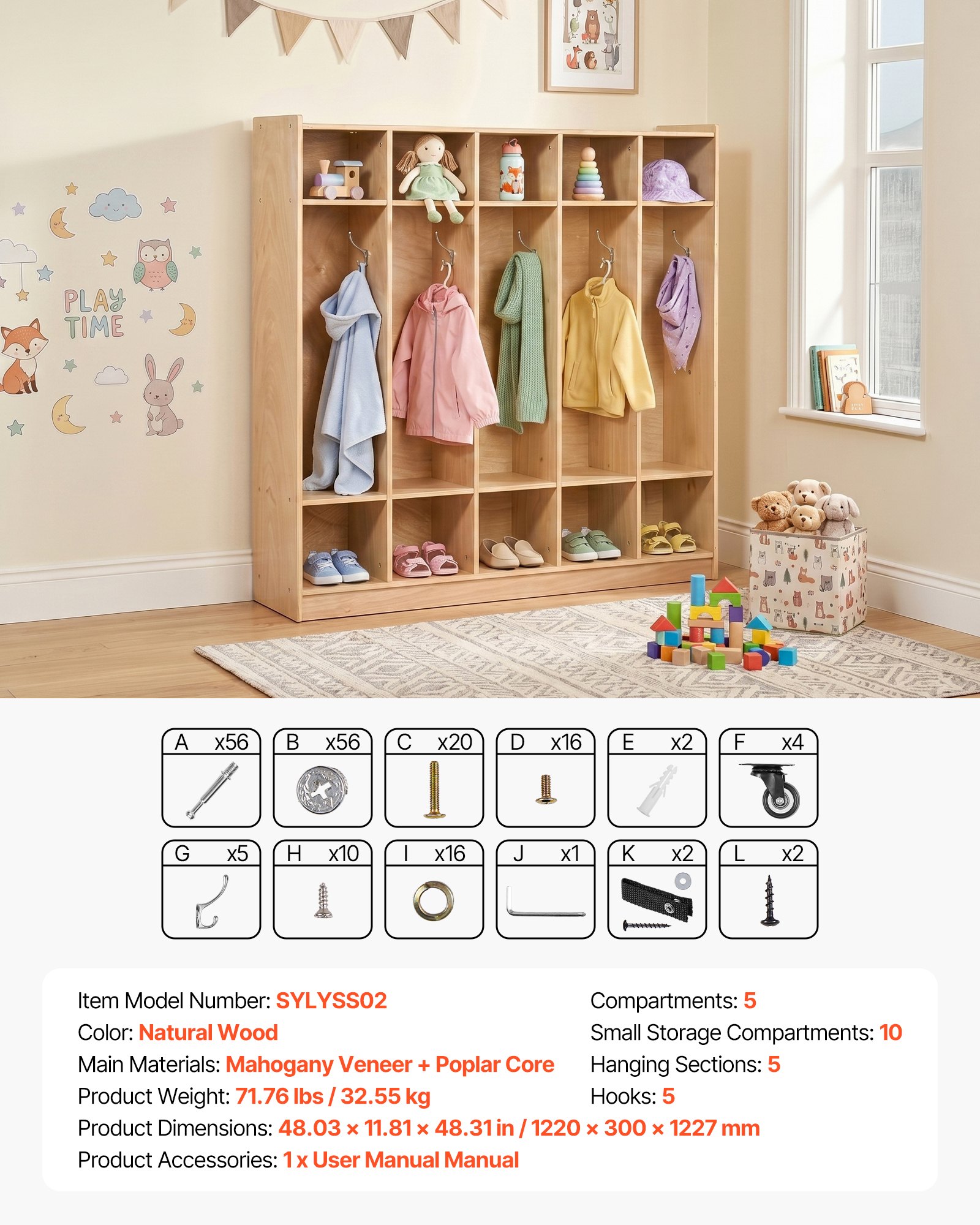 VEVOR Coat Locker, 5-Section Daycare Cubby Coat Rack 48x12x48 inch, Classroom Coat Locker and Backpack Hanger, with 5 Hooks and Storage Boxes, for Kindergarten & School, Natural