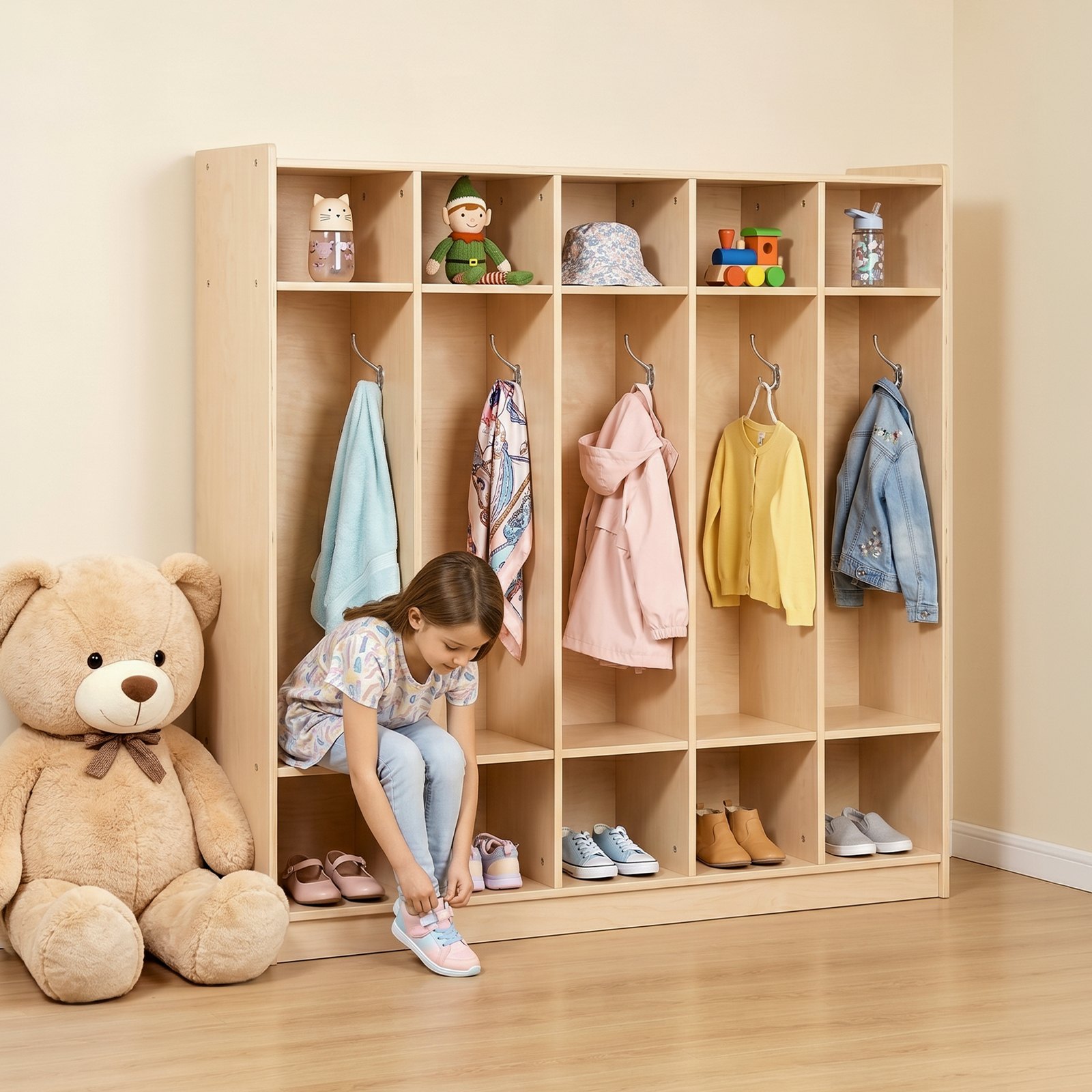 VEVOR Coat Locker, 5-Section Daycare Cubby Coat Rack 48x12x48 inch, Classroom Coat Locker and Backpack Hanger, with 5 Hooks and Storage Boxes, for Kindergarten & School, Natural