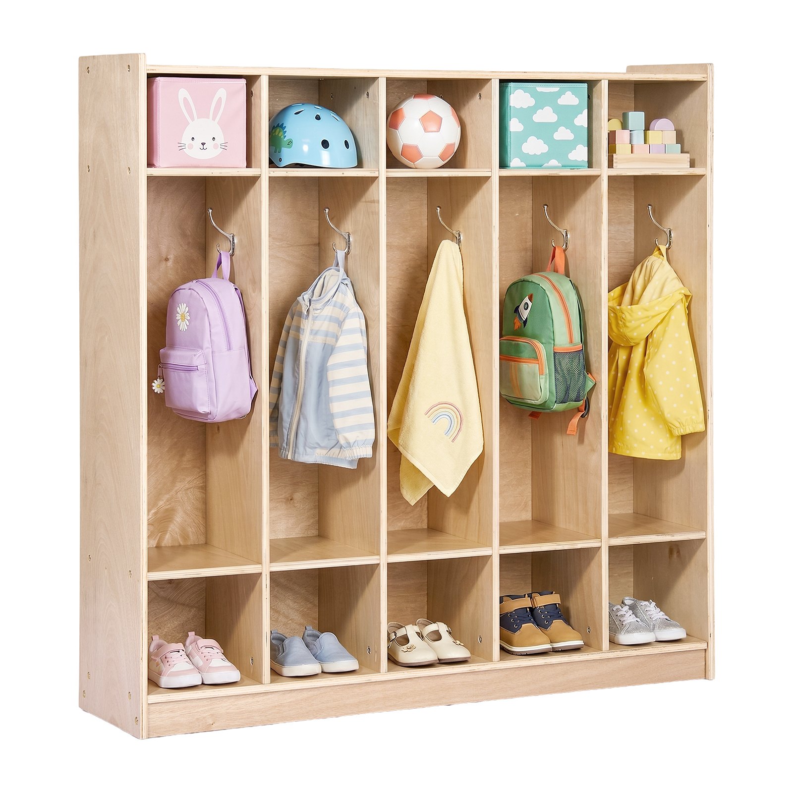 VEVOR Coat Locker, 5-Section Daycare Cubby Coat Rack 48x12x48 inch, Classroom Coat Locker and Backpack Hanger, with 5 Hooks and Storage Boxes, for Kindergarten & School, Natural