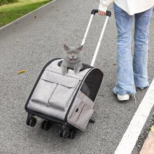 VEVOR kissankuljetusvaunu pyörillä, pyörivä lemmikkireppu teleskooppisella kahvalla ja olkahihnalla, koiranreppu pyörillä alle 18 kg:n painoisille lemmikeille, 1 taitettava kulho, harmaa
