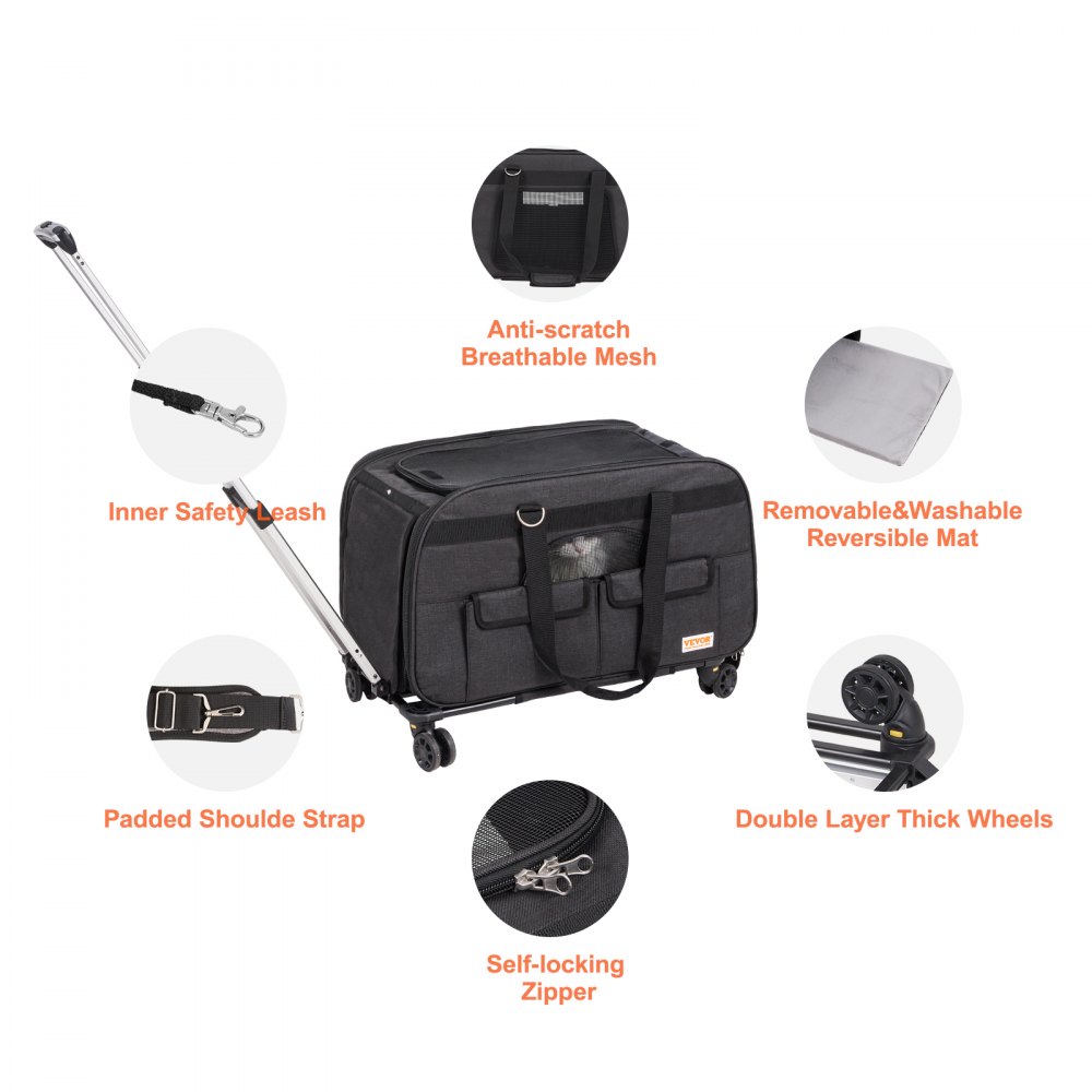 VEVOR Cat Carrier with Wheels Rolling Pet Carrier with Handle 35 lbs Black