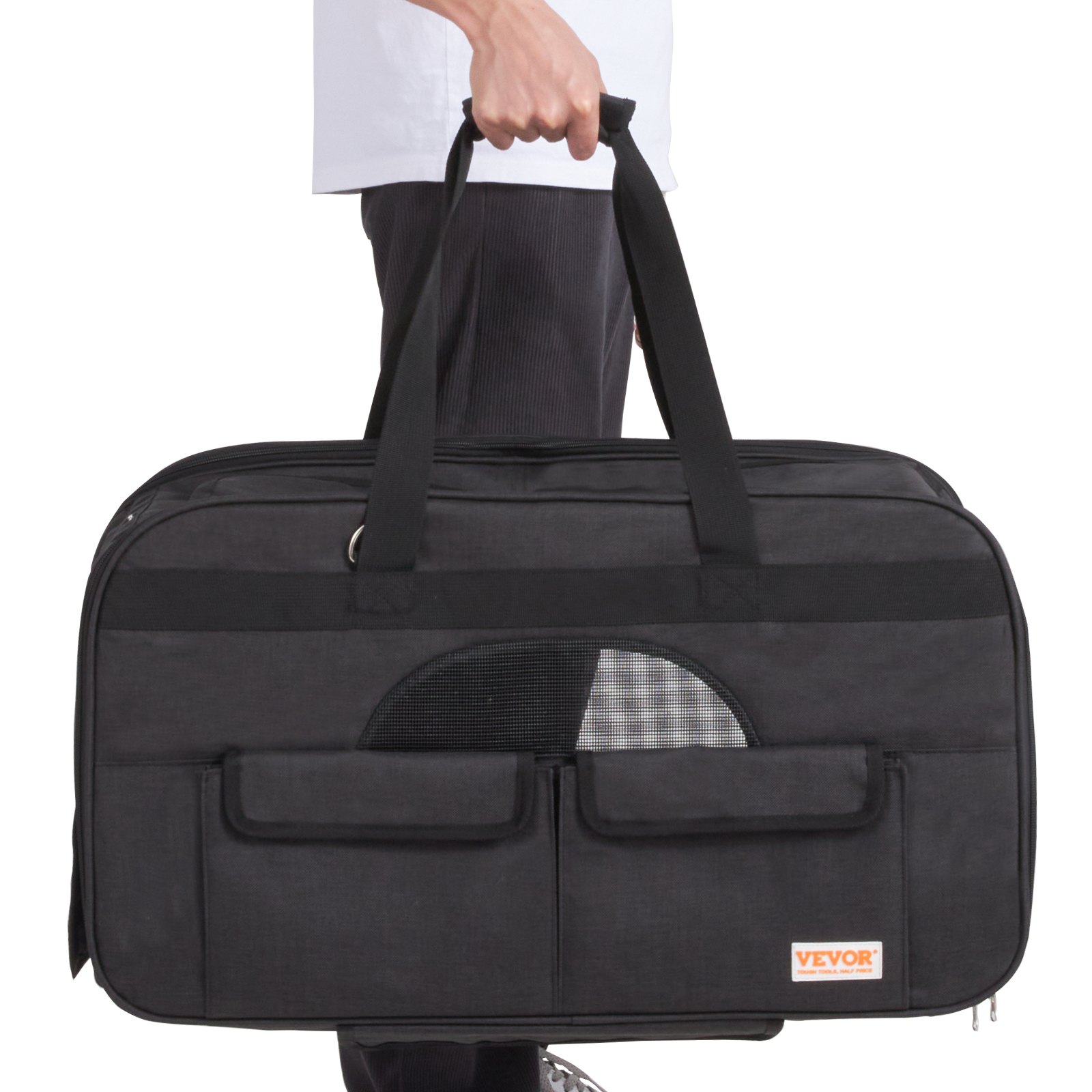 person holding black VEVOR cat carrier with wheels and pockets, showcasing its portable design.
