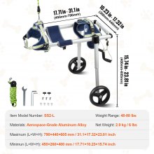 Fauteuil roulant pour chien à 2 roues VEVOR pour pattes arrière, fauteuil roulant pour animaux de compagnie léger et réglable aidant à la guérison, chariot/fauteuil roulant pour chien blessé, handicapé, paralysé, animal de compagnie faible aux membres postérieurs (L)