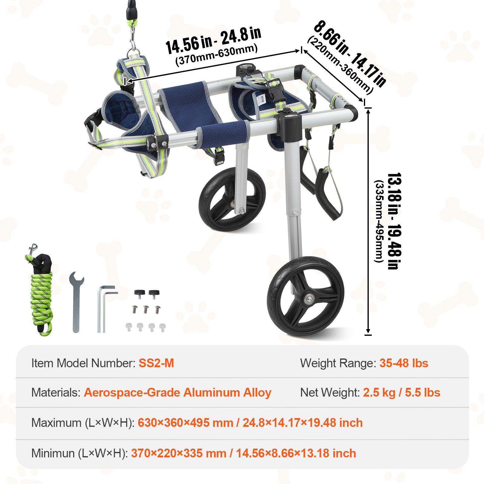 VEVOR 2 Wheels Dog Wheelchair for Back Legs, Pet Wheelchair Lightweight & Adjustable Assisting in Healing,  Dog Cart/Wheelchair for Injured, Disabled, Paralysis, Hind Limb Weak Pet(M)