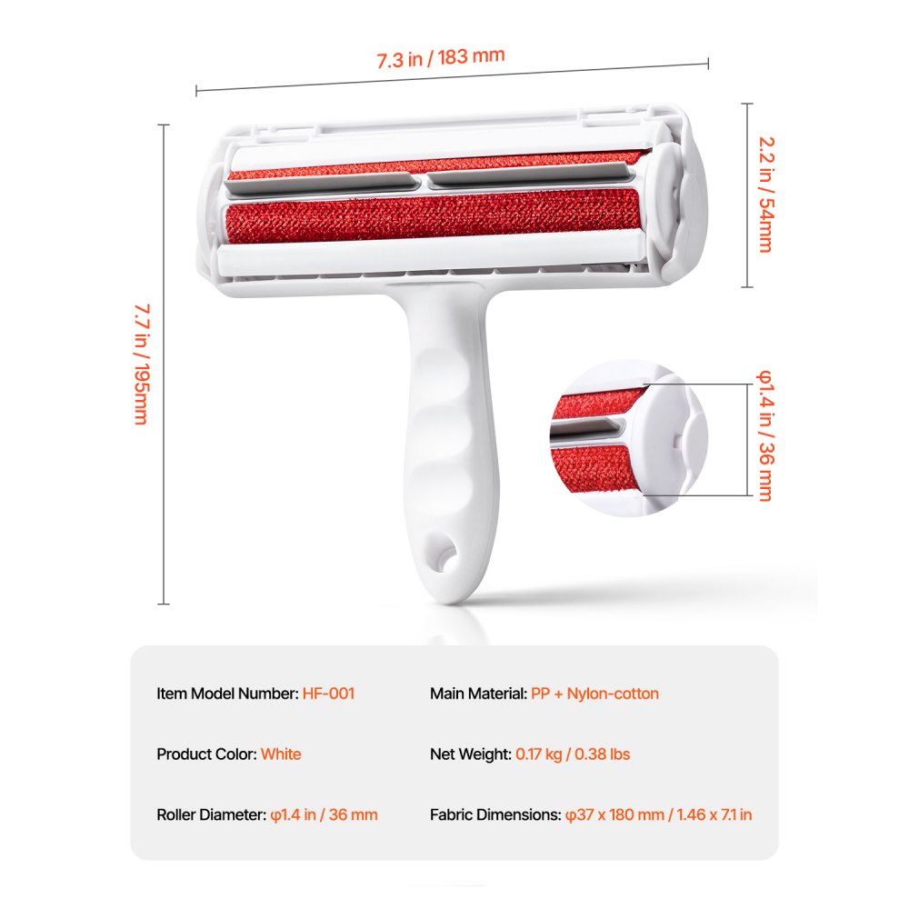 VEVOR Pet Hair Remover Roller, Reusable Dual-sided Lint Roller Tool, Dog and Cat Efficient Hair Cleaning Remover, for Home, Furniture, Car, Couch, Carpet, Seat, Bedding, Floor, Sofa, White