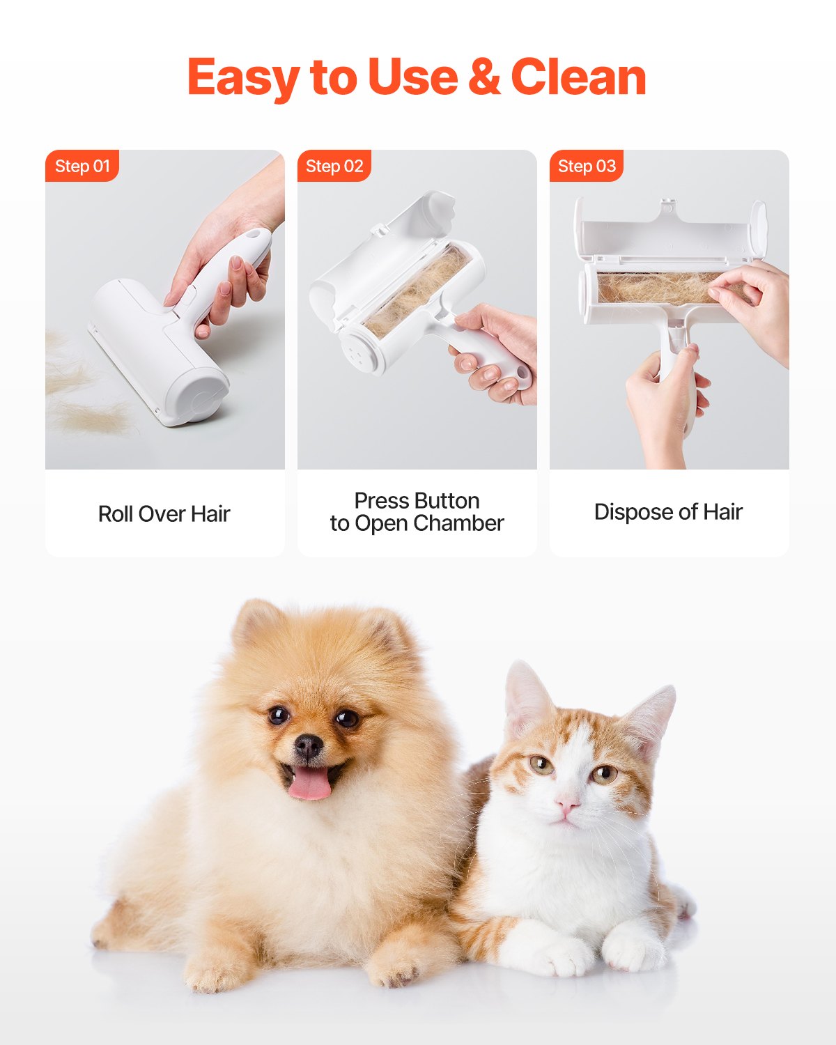 VEVOR Pet Hair Remover Roller, Reusable Dual-sided Lint Roller Tool, Dog and Cat Efficient Hair Cleaning Remover, for Home, Furniture, Car, Couch, Carpet, Seat, Bedding, Floor, Sofa, White