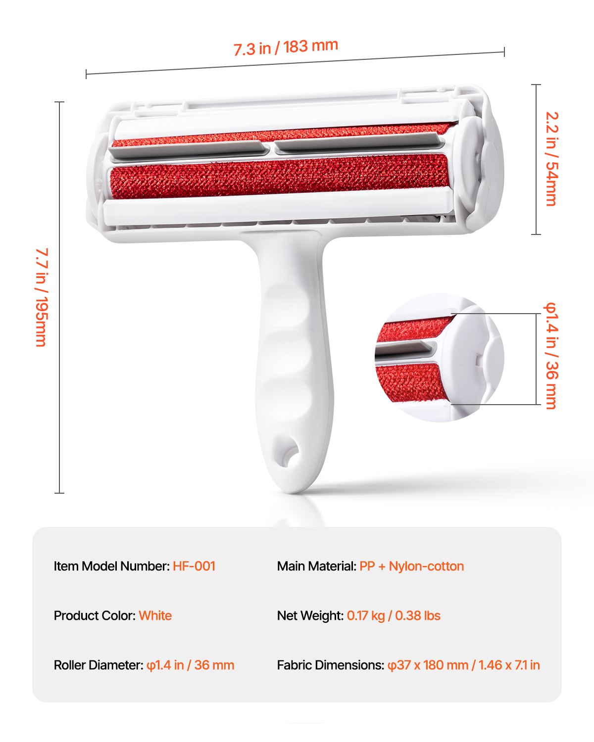 VEVOR Pet Hair Remover Roller, Reusable Dual-sided Lint Roller Tool, Dog and Cat Efficient Hair Cleaning Remover, for Home, Furniture, Car, Couch, Carpet, Seat, Bedding, Floor, Sofa, White