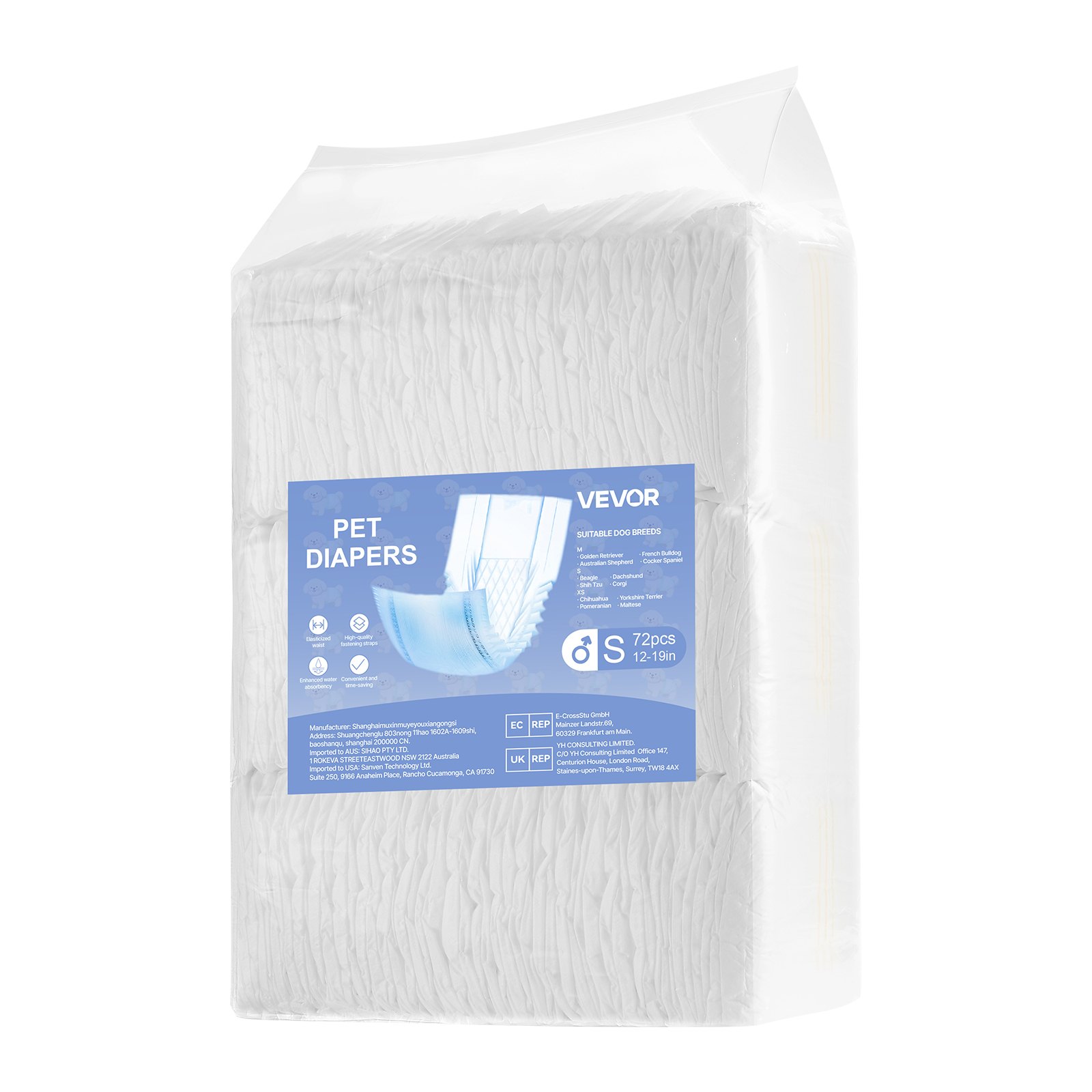 VEVOR Disposable Male Dog Diapers, Super Absorbent Male Dog Wraps, 360 ° Leak-Proof Belly Bands with Wetness Indicator for Doggies in Heat, Training, Incontinence - S, 144 Count (2 Packs of 72)