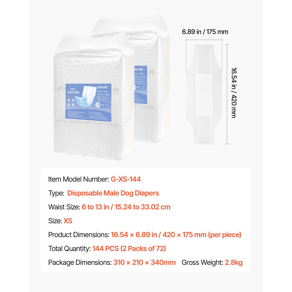 VEVOR Disposable Male Dog Diapers, Super Absorbent Male Dog Wraps, 360 ° Leak-Proof Belly Bands with Wetness Indicator for Doggies in Heat, Training, Incontinence - XS, 144 Count (2 Packs of 72)