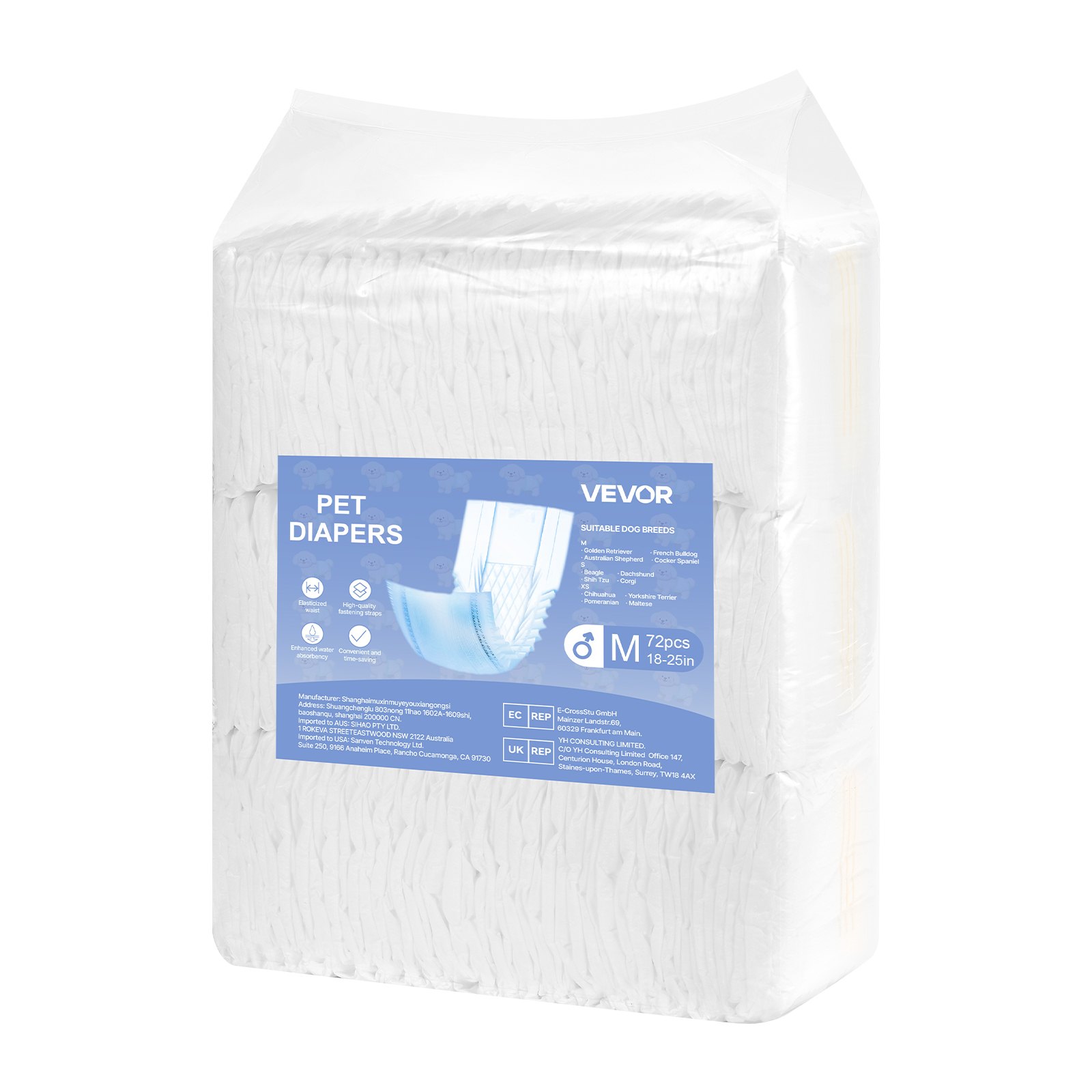 VEVOR Disposable Male Dog Diapers, Super Absorbent Male Dog Wraps, 360 ° Leak-Proof Belly Bands with Wetness Indicator for Doggies in Heat, Training, Incontinence - M, 144 Count (2 Packs of 72)